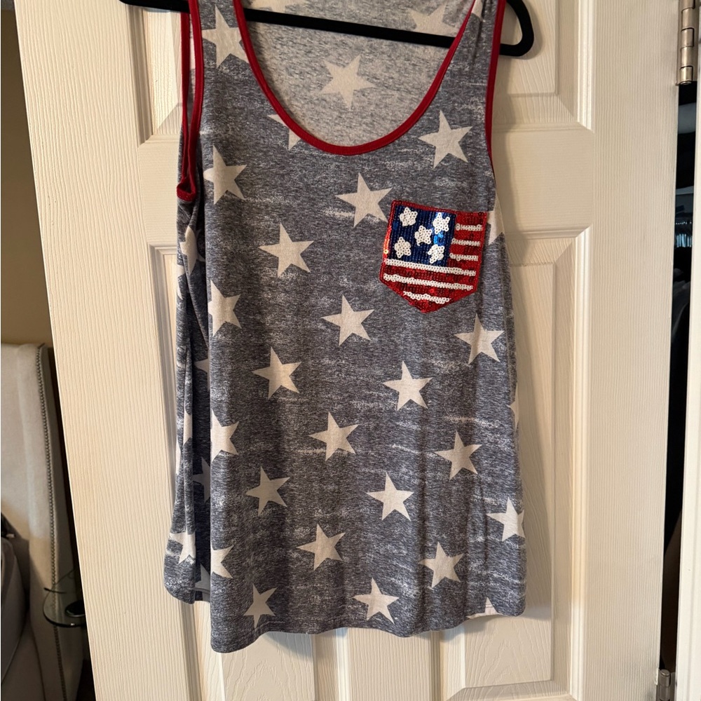 Star Print Tank with Sequin Flag Pocket